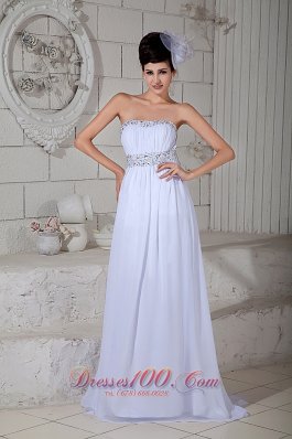 On Sale White Empire Wedding Dress Strapless Brush Train Chiffon Beading