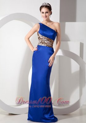 2013 Exclusive Blue Column One Shoulder Evening Dress Taffeta Lepard Brush Train