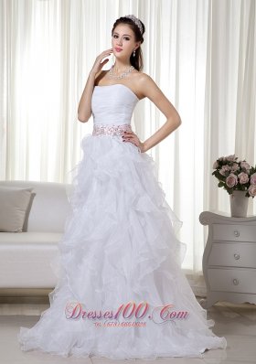 2013 White A-line / Princess Stapless Brush Train Organza Beading Prom Dress