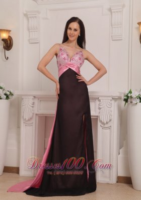 2013 Pink and Black Column Straps Brush Train Elastic Woven Satin Beading Prom Dress