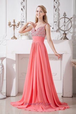 2013 Watermelon Red Spaghetti Straps Chiffon Prom Dress Brush Train Homecoming Gown