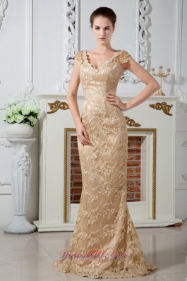 2013 Champagne Column V-neck Lace and Embroidery Mother Of The Bride Dress Brush Train Satin