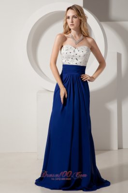 2013 White and Royal Blue Homecoming Dress Column Sweetheart Beading Brush Train Chiffon