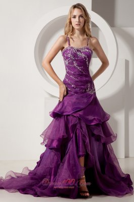 2013 Eggplant Purple A-line Spaghetti Straps Court Train Prom Dress Taffeta and Organza Beading and Ruffles