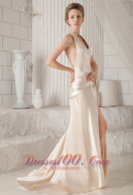 2013 Champagne Sheath / Column Halter Court Train Satin Prom / Party Dress
