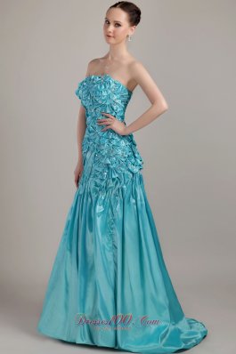 2013 Teal A-line Strapless Brush Train Taffeta Beading and Ruch Prom Dress