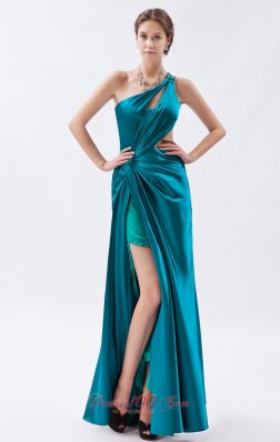 2013 Teal Column / Sheath One Shoulder Prom Dress Elastic Woven Satin Beading and Ruch Floor-length