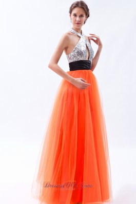 2013 Orange Red Empire Halter Prom Dress Tulle and Sequin Floor-length