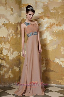 2013 Brown Column One Shoulder Floor-length Chiffon Beading Prom Dress