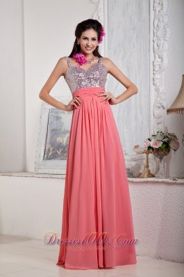 2013 Watermelon Empire Spaghetti Straps Floor-length Chiffon and Sequin Beading Prom Dress