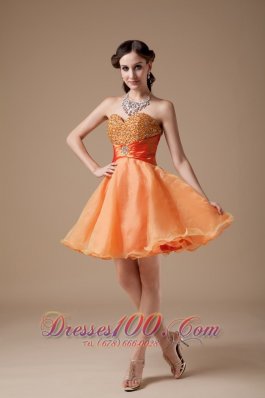 Cheap Orange Red A-line Sweetheart Prom Dress Organza Beading Mini-length