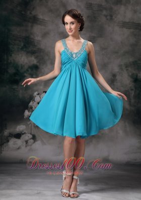 Teal Empire V-neck Knee-length Chiffon Beading Prom / Homecoming Dress