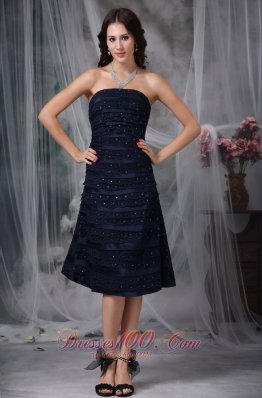 Navy Blue A-line Strapless Knee-length Satin Ruch Bridesmaid Dress