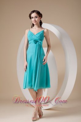 Turquoise Column / Sheath Spaghetti Straps Knee-length Chiffon Bow Prom Dress