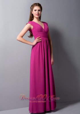 Fuchsia Column V-neck Ankle-length Chiffon Ruch Prom Dress