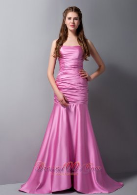 Rose Pink Mermaid Strapless Brush Train Taffeta Ruch Prom Dress