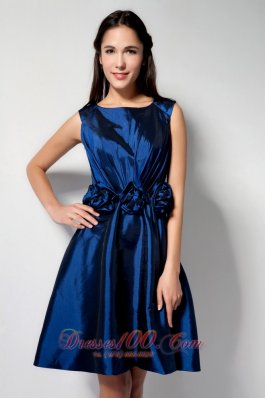 Royal Blue A-line Scoop Knee-length Taffeta Hand Made Flower Prom Dress