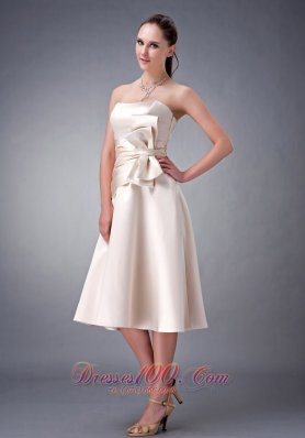 Champagne A-line / Princess Strapless Tea-length Satin Sash Bridesmaid Dress