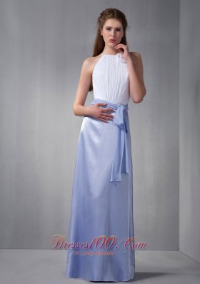 Lilac and White Column Bateau Floor-length Taffeta Hand Made Flower Bridesmaid Dress