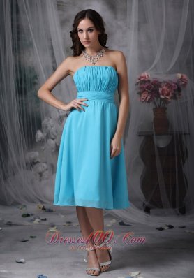 Aqua Blue Empire Strapless Knee-length Chiffon Ruch Prom Dress