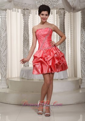 Watermelon A-line / Princess Strapless Mini-length Taffeta Beaded Prom/ Cocktail Dress