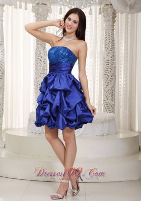 Blue A-line Strapless Knee-length Sequins and Pick-ups Taffeta Prom Dress