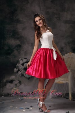 White and Hot Pink A-line Straps Mini-length Taffeta Bow Prom Dress