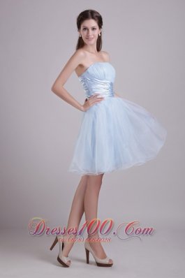 Baby Blue A-line Strapless Short Organza Beading and Ruch Cocktail Dress