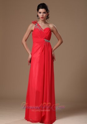 Coral Red One Shoulder Floor-length Empire Chiffon Beaded Decorate Shoulder Prom Dress For 2013 Custom Made