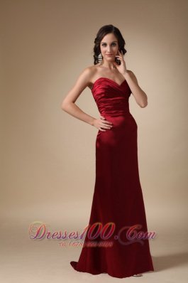 Wine Red Column Sweetheart Brush Train Satin Ruch Prom / Evening Dress