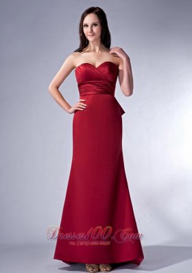 Modern Wine Red Cloumn Sweetheart Bridesmaid Dress Satin Ruch Brush Train