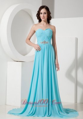 Formal Aqua Blue Empire Sweetheart Evening Dress Chiffon Beading Brush Train