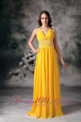 Classical Yellow Empire Halter Evening Dress Chiffon Beading Brush Train