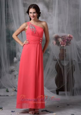 Coral Red Empire One Shoulder Ankle-length Chiffon Beading Prom / Evening Dress