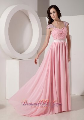 Exclusive Baby Pink Empire Sweetheart Evening Dress Chiffon Beading Brush / Sweep