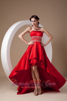 High-low Red A-line Prom Dress Strapless Elastic Wove Satin Beading