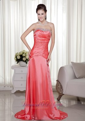Watermelon Column / Sheath Strapless Brush Train Satin Beading Prom Dress