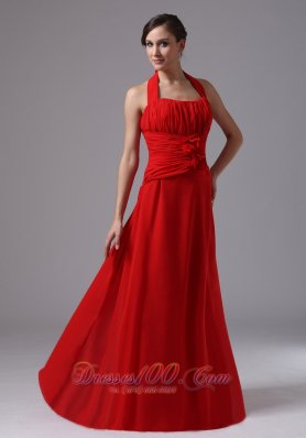 Halter and Ruched Bodice For 2013 Red Prom Dress In Borrego Springs California With Hand Made Flowers