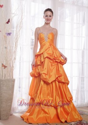 Orange A-Line / Princess Straps Floor-length Taffeta Beading Prom Dress