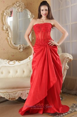 Red A-line Strapless Prom Dress Brush Train Taffeta Lace