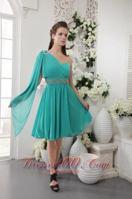 Turquoise Empire One Shoulder Knee-length Chiffon Beading Bridesmaid Dress