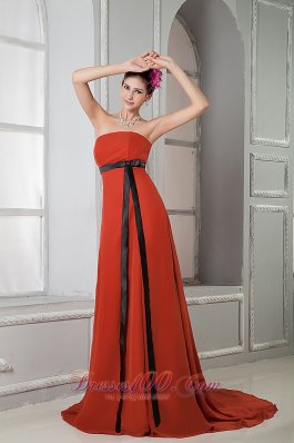 Elegant Rust Red Column Strapless Prom / Homecoming Dress Chiffon Sash Brush Train