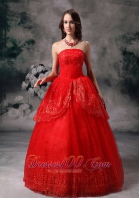 Custom Made Red Ball Gown Strapless Quinceanera Dress Sequin Floor-length