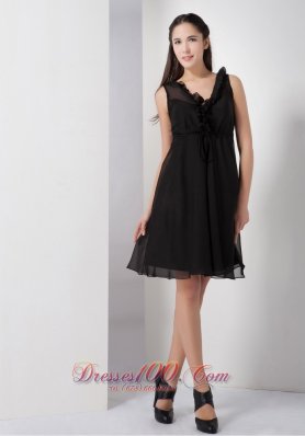 Sweet Black A-line V-neck Little Black Dress Knee-length Chiffon