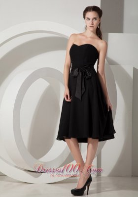 The Most Popular Black Princess Tea-length Bridesmaid Dress Chiffon Sashes / Ribbons