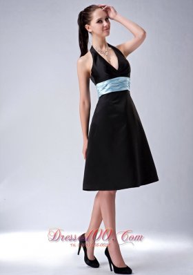 Custom Made Black A-line / Princess Halter Bridesmaid Dress Belt Knee-length Satin