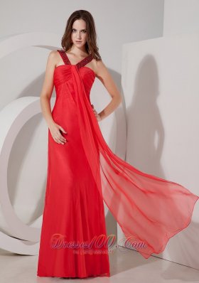 Red Empire V-neck Chiffon Prom Dress with Beading