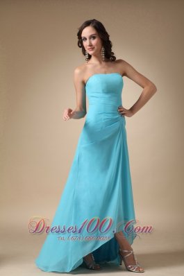 Aqua Blue A-line Strapless Asymmetrical Chiffon and Elastic Woven Satin Prom Dress