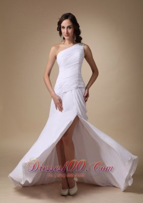 White Column One Shoulder Brush Train Chiffon and Elastic Wove Satin Ruch Prom Dress