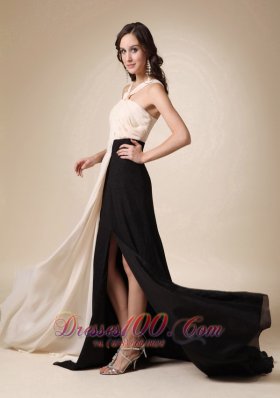 Champagne and Black Empire V-neck Brush Train Chiffon Ruch Prom / Evening Dress